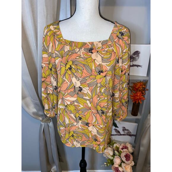 Premise EUC size Small Floral Pink Gray Green Blouse 0 - Picture 4 of 11